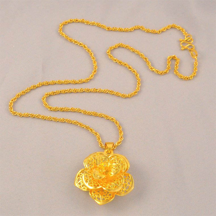 手作精致~牡丹花吊坠镀24K金色百搭大花朵项链仿真黄金项链送妈妈