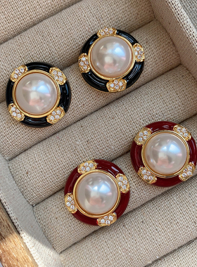 KNOW法式复古黑红色珐琅彩釉珍珠耳钉中古耳环气质高级感硅胶耳夹