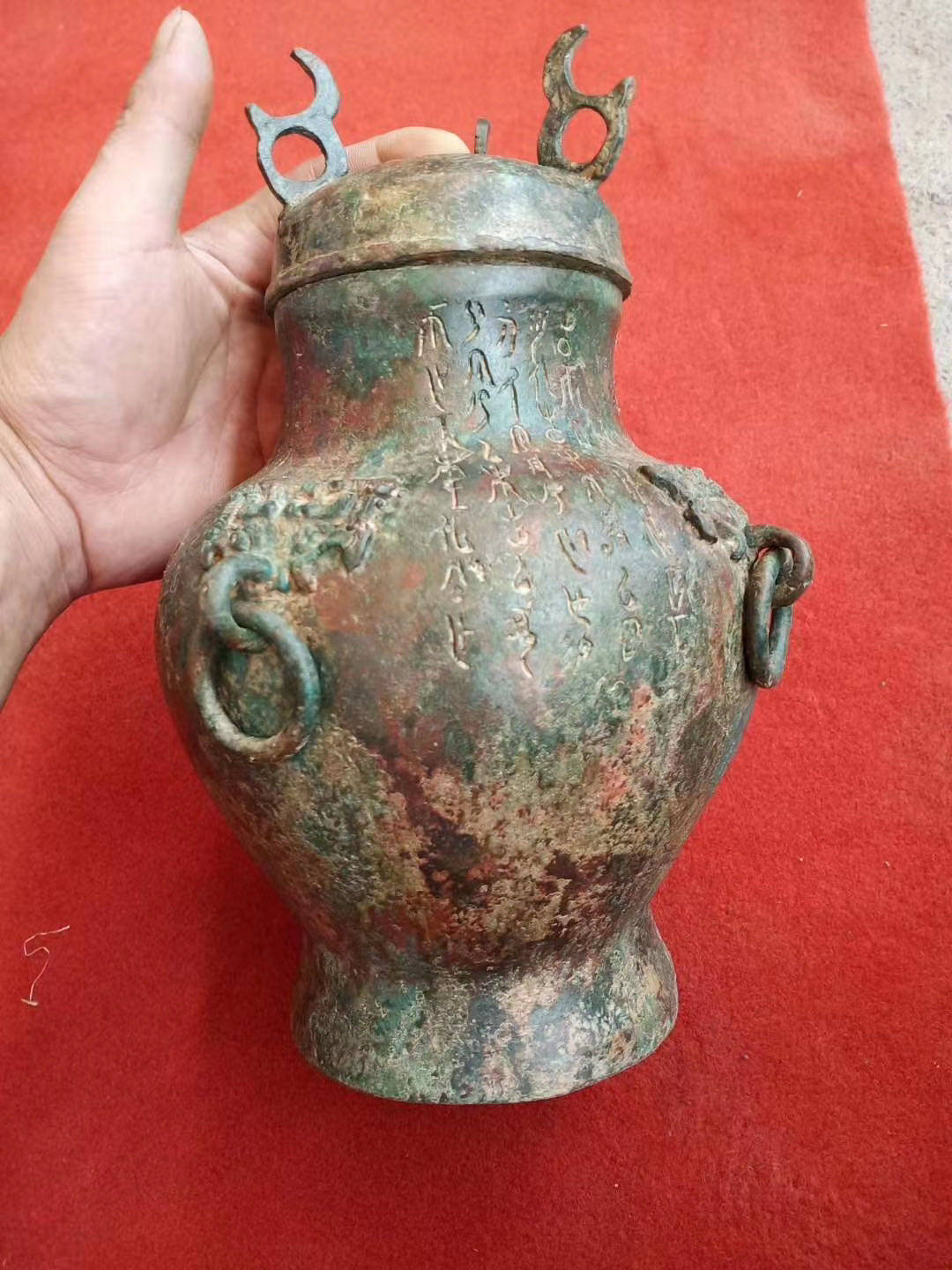 仿古青铜器摆件战国三环壶青铜圆壶古玩收藏中式书房客厅软装饰品