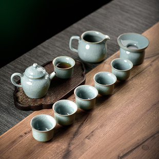 青瓷整套高档功夫茶具龙泉手工陶瓷哥窑冰裂茶壶茶杯套装家用送礼