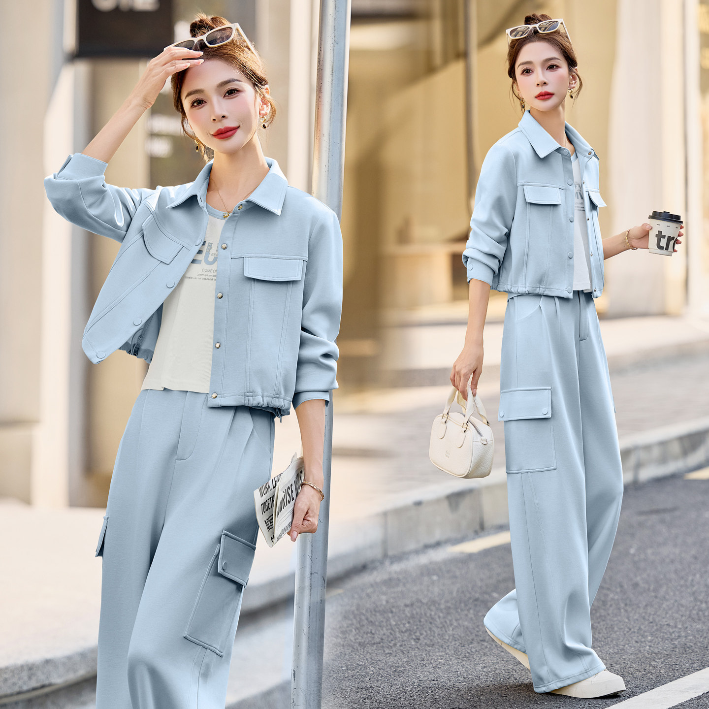 休闲工装短外套套装女2026春秋新款宽松显瘦长袖背心阔腿裤三件套