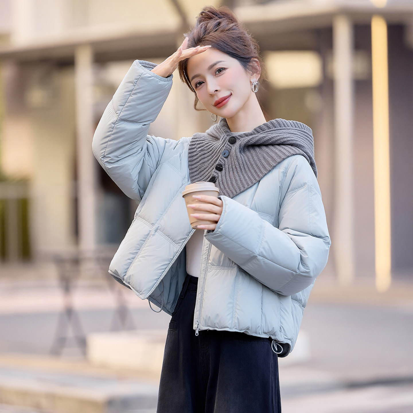 可拆卸针织连帽短款羽绒服女2025冬季新款加厚保暖泡芙白鸭绒外套