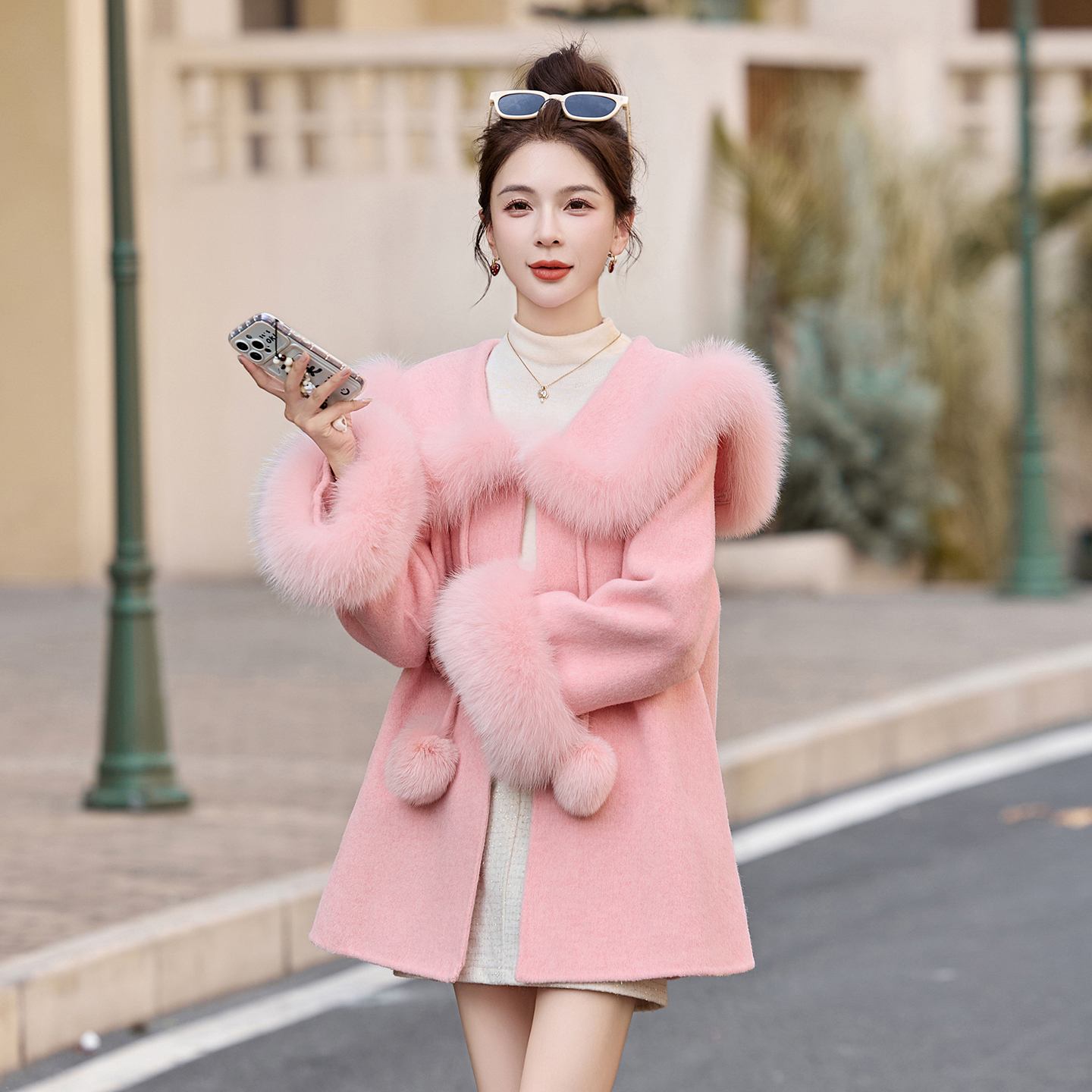 软萌球球双面呢羊绒大衣2025年秋冬真狐狸毛领斗篷皮草女毛呢外套