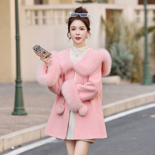 软萌球球双面呢羊绒大衣2025年秋冬真狐狸毛领斗篷皮草女毛呢外套
