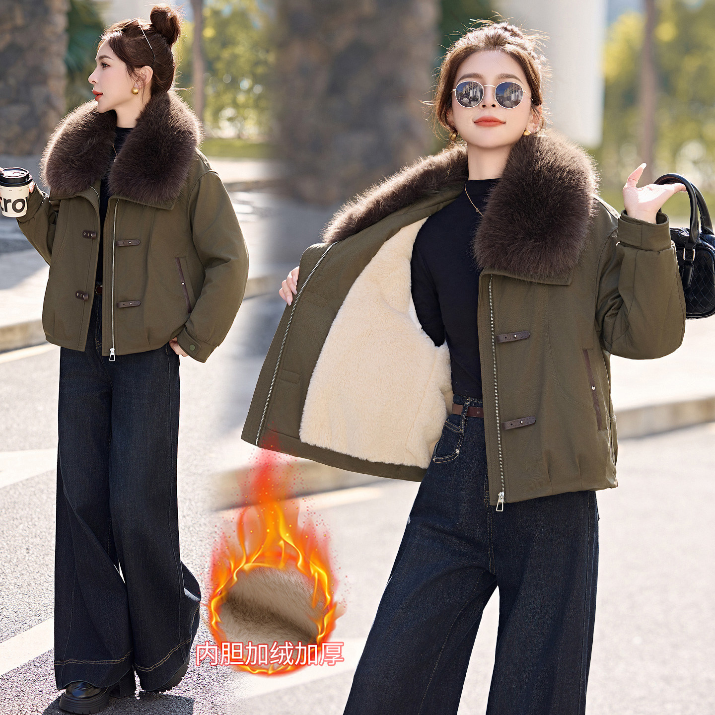 加绒加厚大毛领派克服女短款