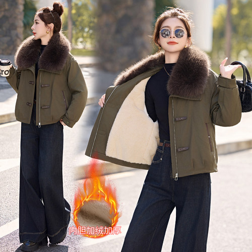 加绒加厚大毛领派克服女短款