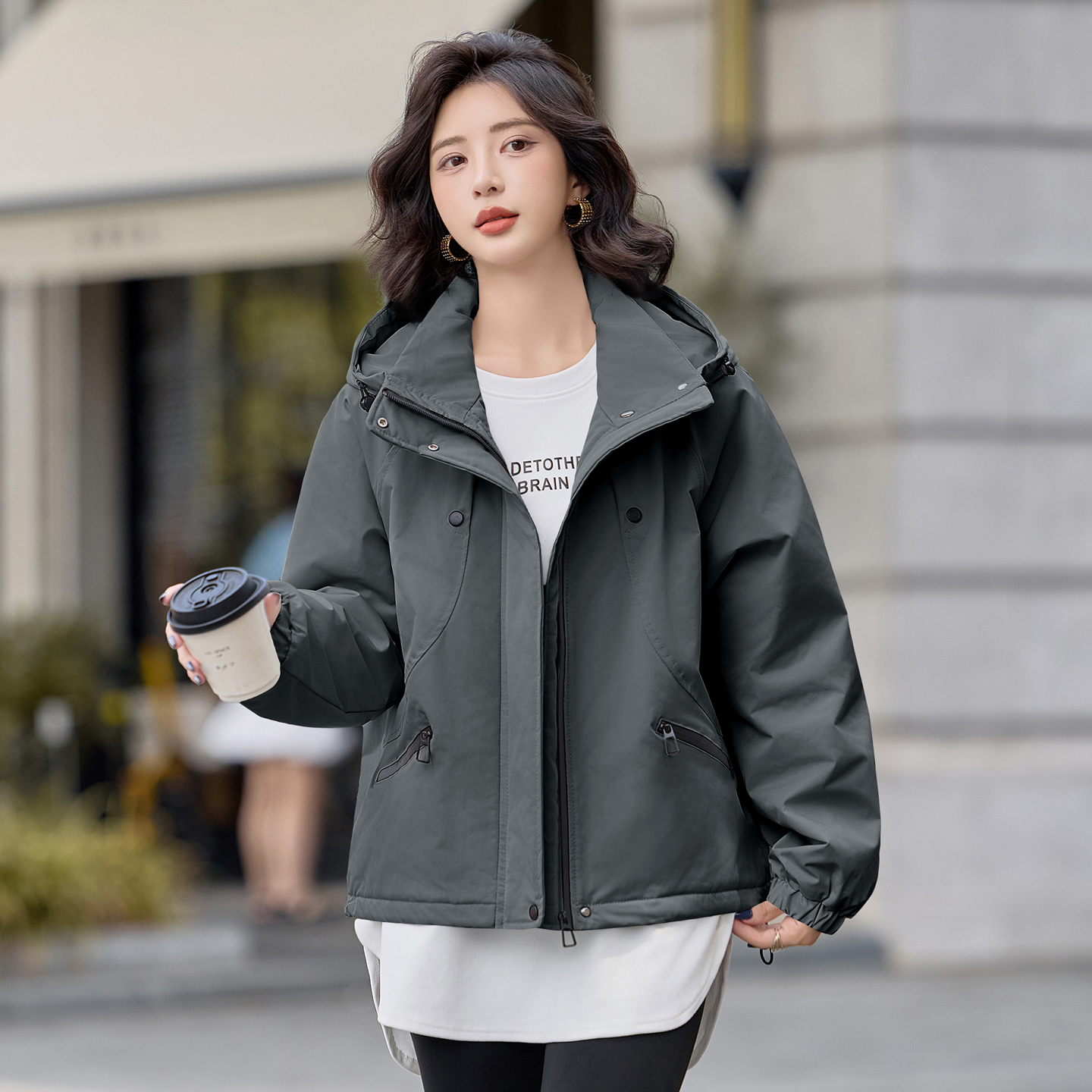 休闲连帽夹棉短外套女2025冬季