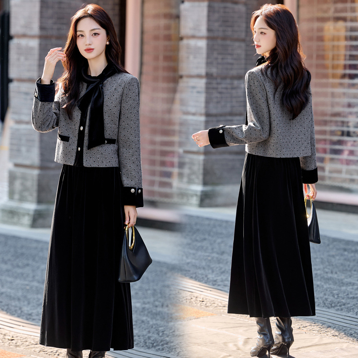 小香风粗花呢短外套装女2025年秋冬新款时尚显瘦丝绒半身裙两件套,女装/女士精品,时尚套装,淘宝优惠券,粉丝福利购,淘宝优惠卷