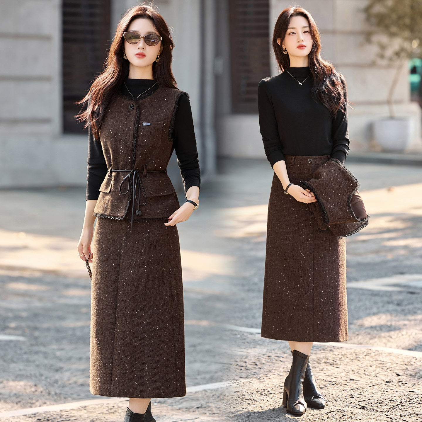 法式小香风套装女2026春秋新款气质显瘦长袖打底马甲半身裙三件套,女装/女士精品,时尚套装,淘宝优惠券,粉丝福利购,淘宝优惠卷