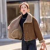 羊羔毛翻领短外套女2025冬季 新款 皮毛一体加绒加厚保暖小个子棉衣