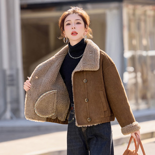 羊羔毛翻领短外套女2025冬季新款皮毛一体加绒加厚保暖小个子棉衣