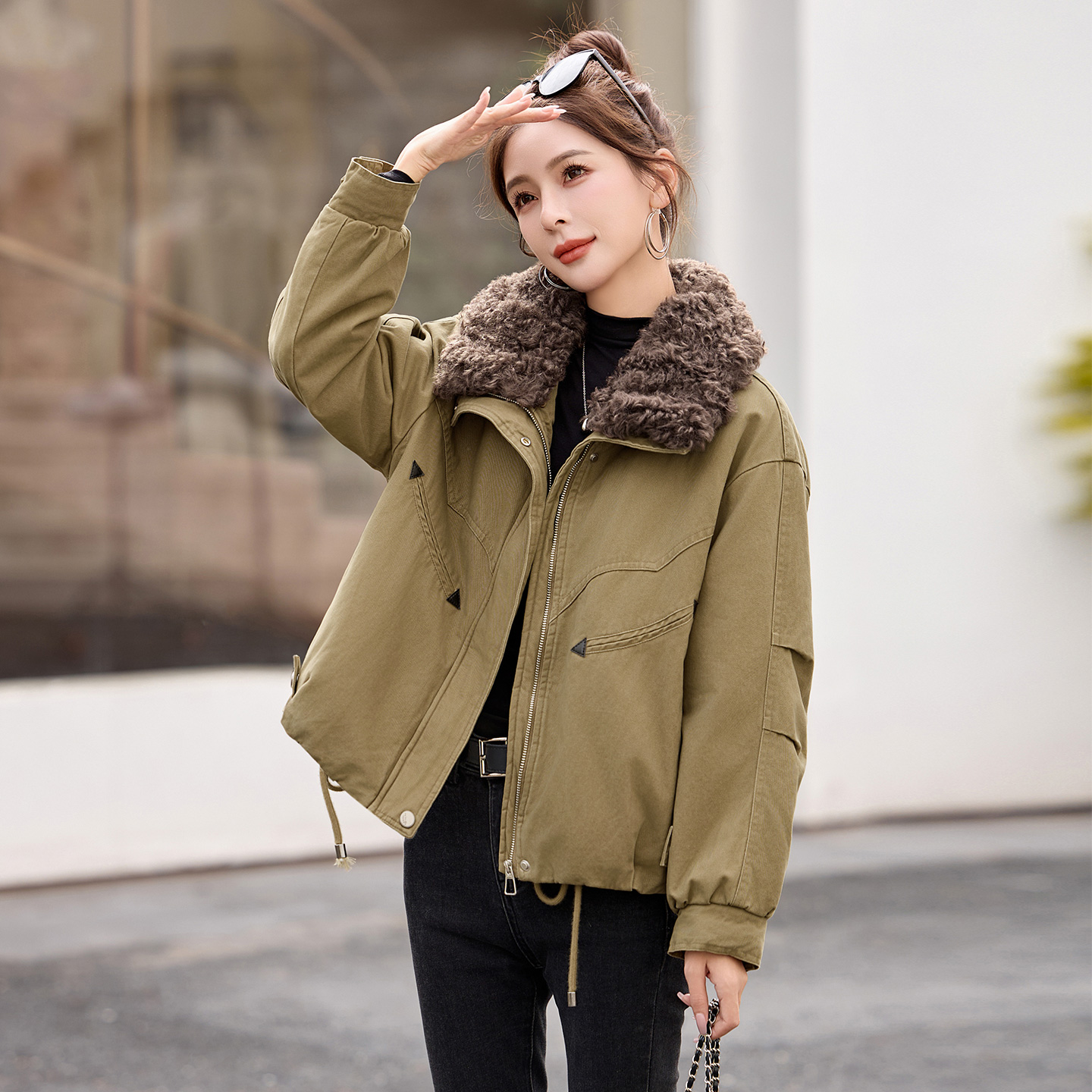 羊羔毛领派克服女短款2025冬季新