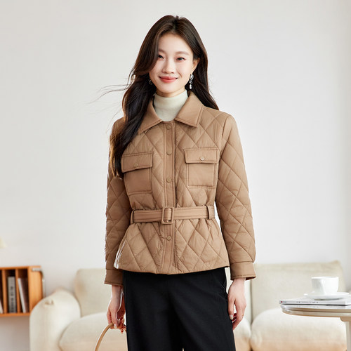 收腰束带轻薄棉衣气质显瘦棉袄