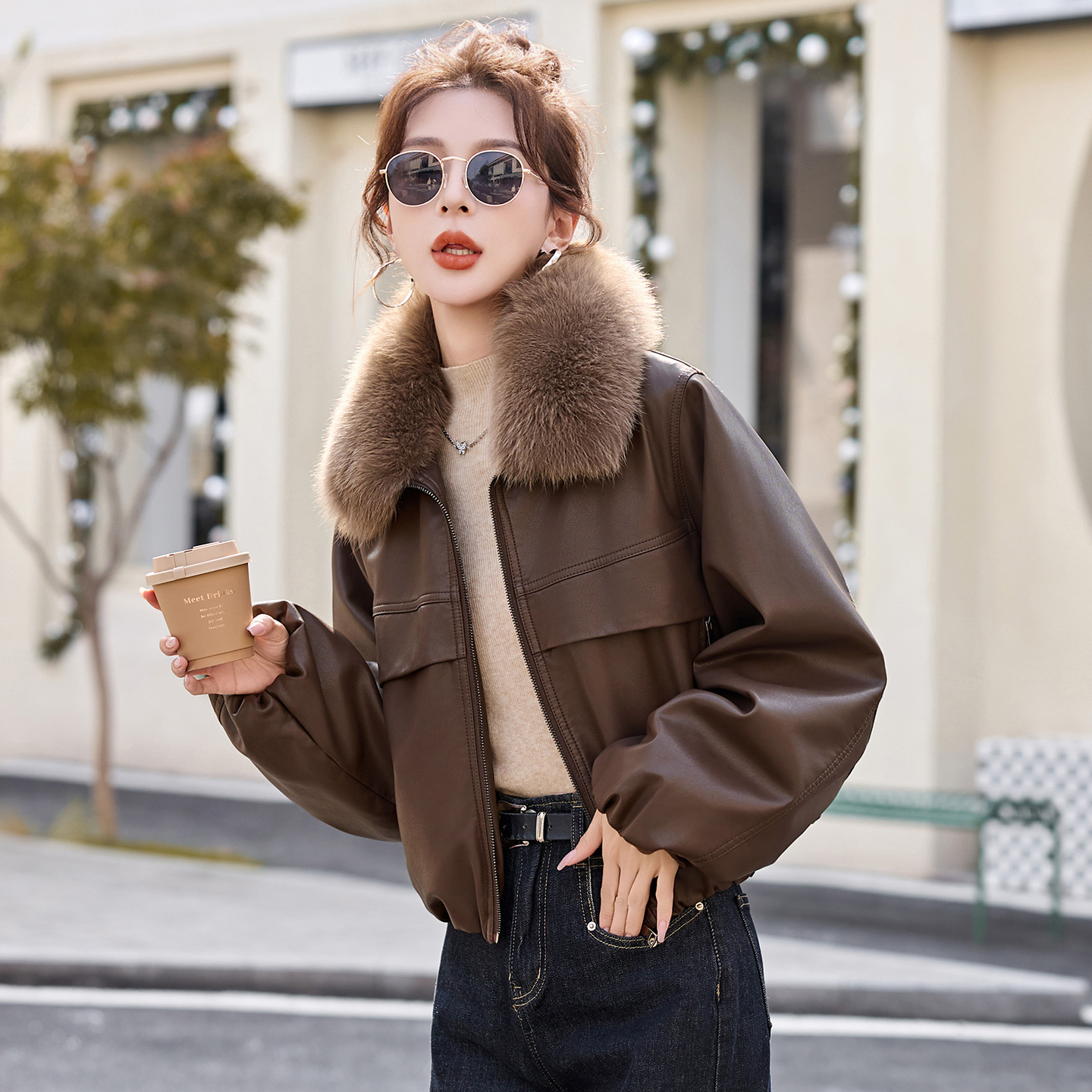 加绒加厚皮衣外套女短款