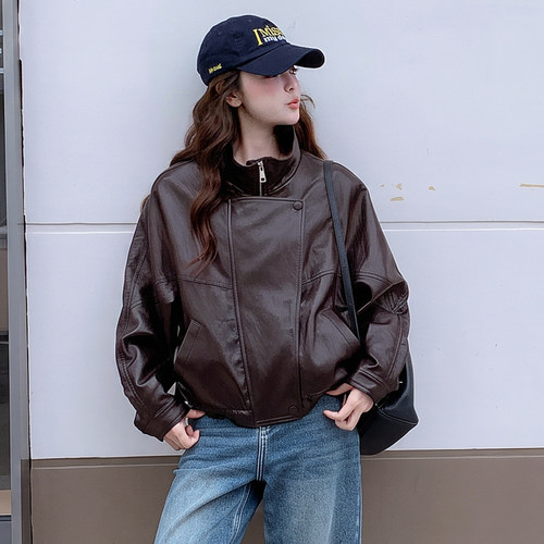 复古短款廓形皮衣女2026春秋新款