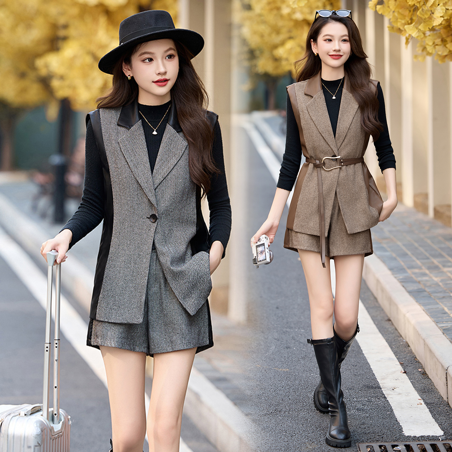 拼接皮马甲西装套装女2025春秋新款气质修身小香风长袖短裤三件套