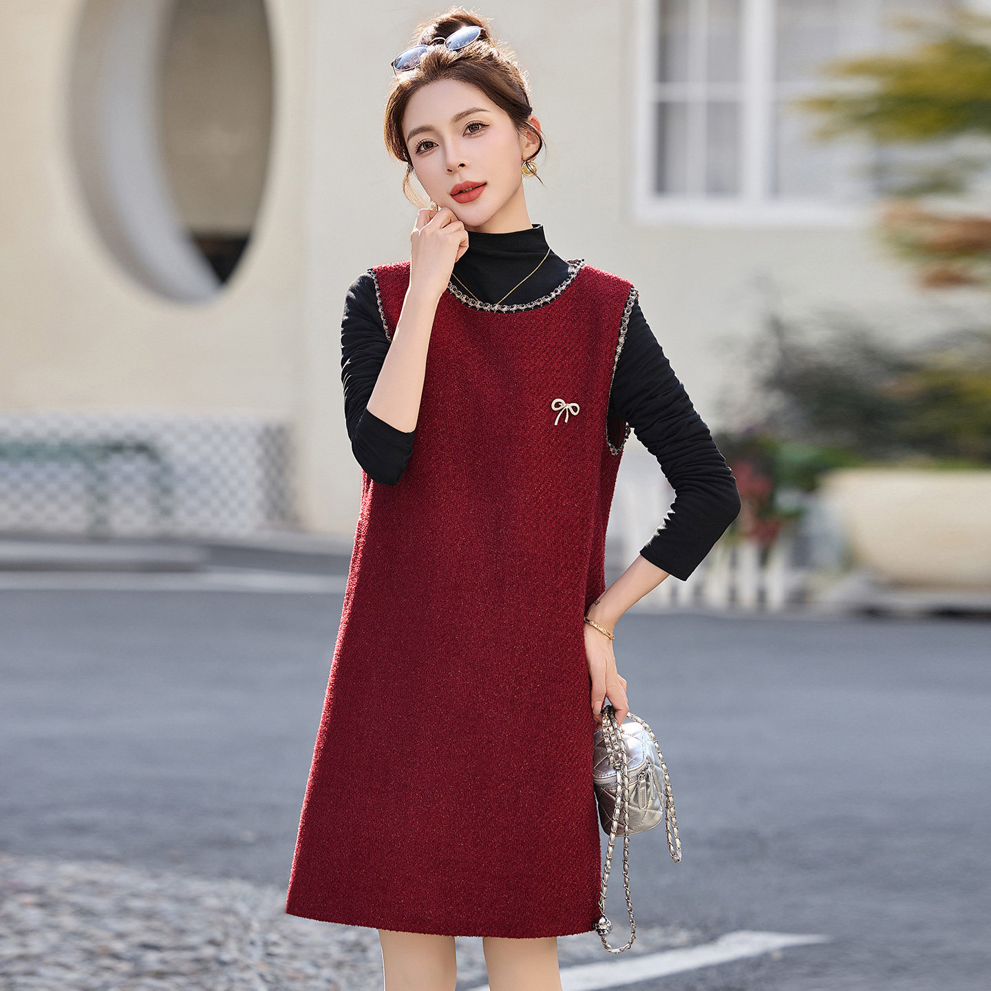 高级感背心裙套装女2026年春秋新款宽松显瘦气质蝴蝶结长袖两件套