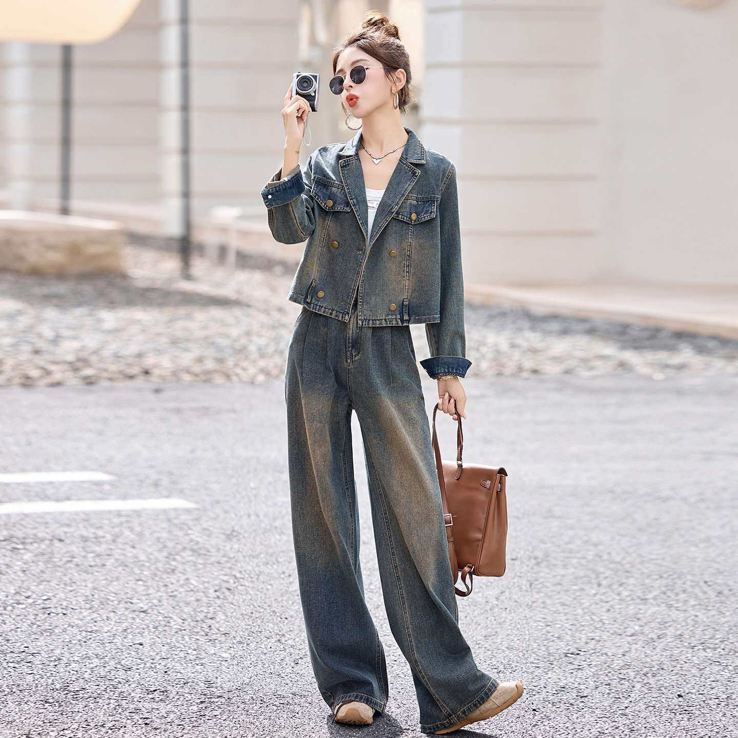 复古牛仔套装女2025春秋新款时尚气质减龄港风短外套阔腿裤两件套