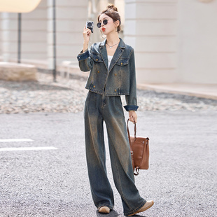 复古牛仔套装 时尚 气质减龄港风短外套阔腿裤 两件套 女2025春秋新款