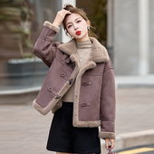 羊羔毛加绒短外套女2025冬季 新款 保暖机车棉衣牛角扣皮毛一体上衣