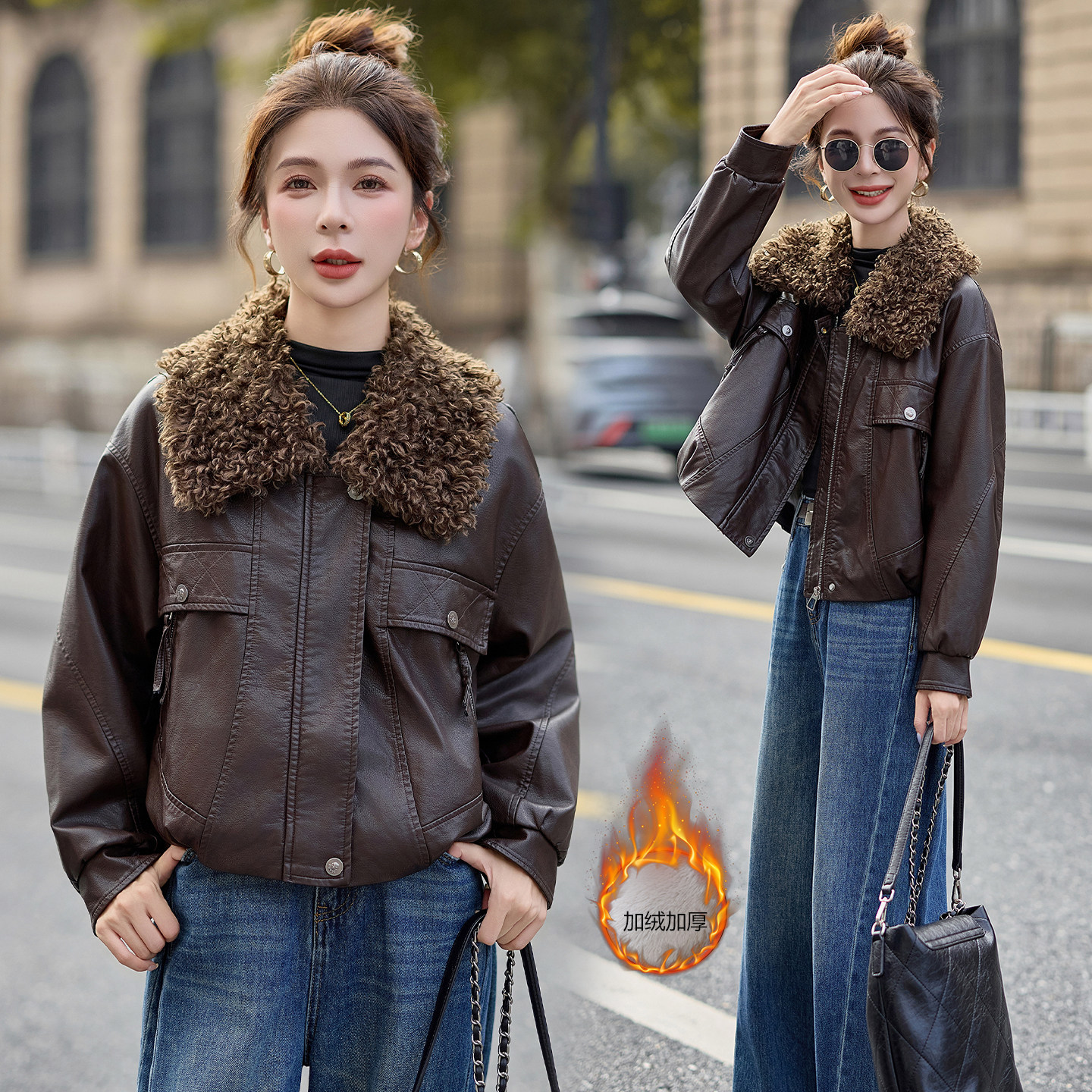 复古显瘦机车羊羔毛领皮棉衣外套