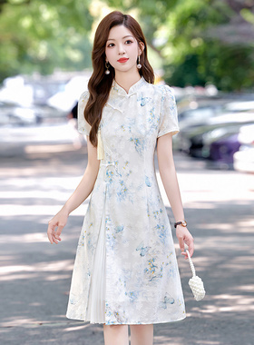 新中式国风改良旗袍连衣裙女2025夏季新款小个子遮肚提花盘扣裙子