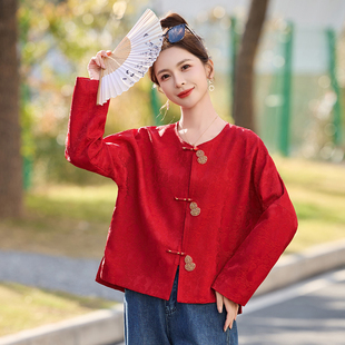 新中式国风短外套女2025年春秋新款复古提花盘扣气质短款唐装上衣