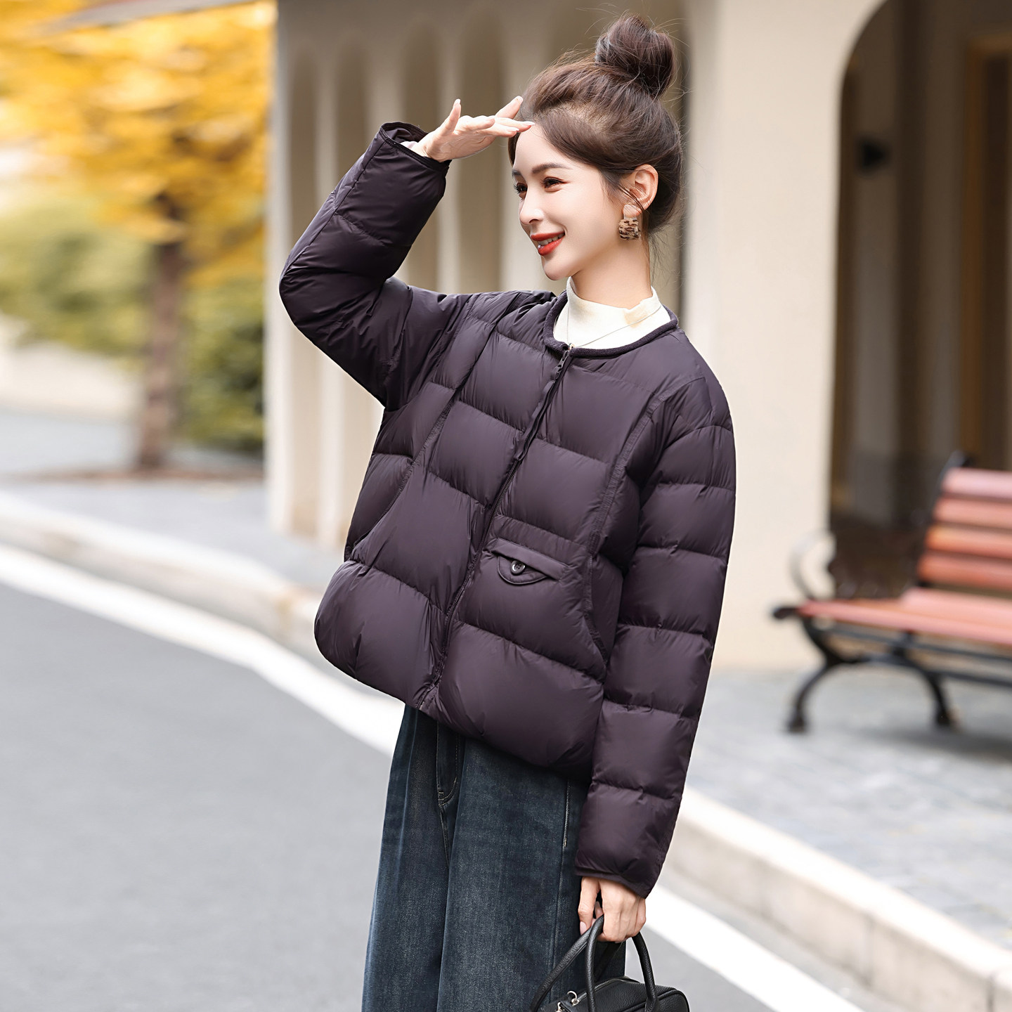 韩版短款羽绒服女小个子2025冬季宽松加厚百搭圆领白鸭绒保暖外套