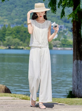 木耳边无袖上衣阔腿裤套装女2026夏季新款宽松显瘦蕾丝拼接两件套