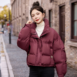 羽绒服女短款2025冬季新款小个子宽松加厚洋气针织拼接白鸭绒外套