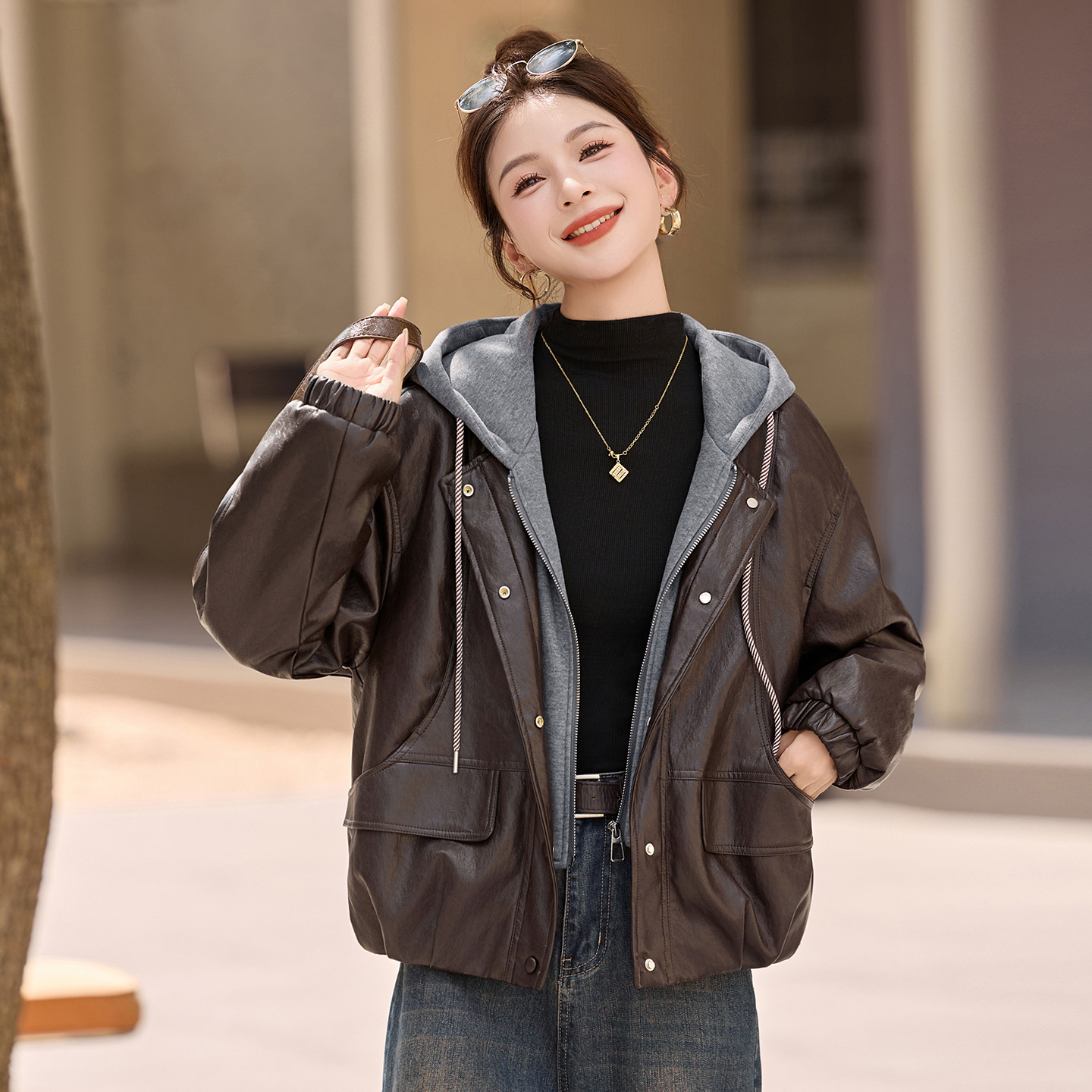 连帽假两件短款皮衣女2025冬季