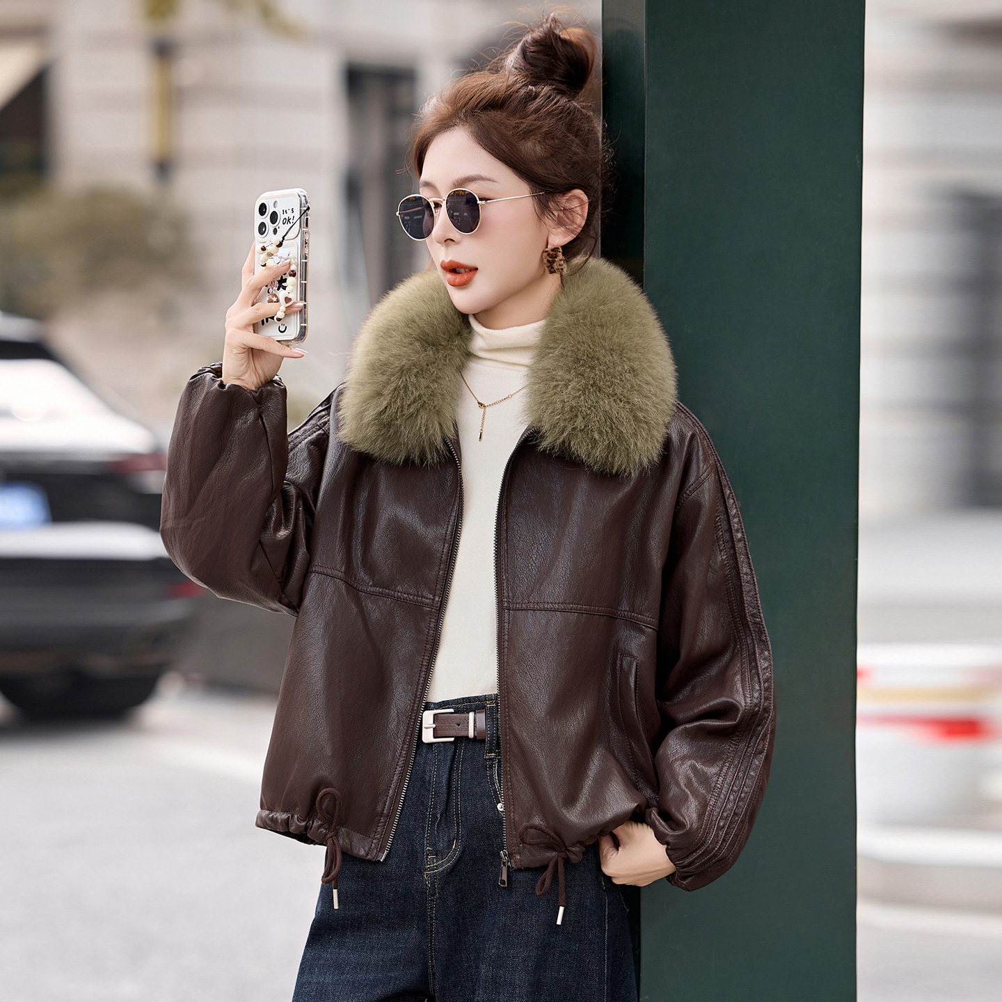 大毛领加绒加厚皮衣女