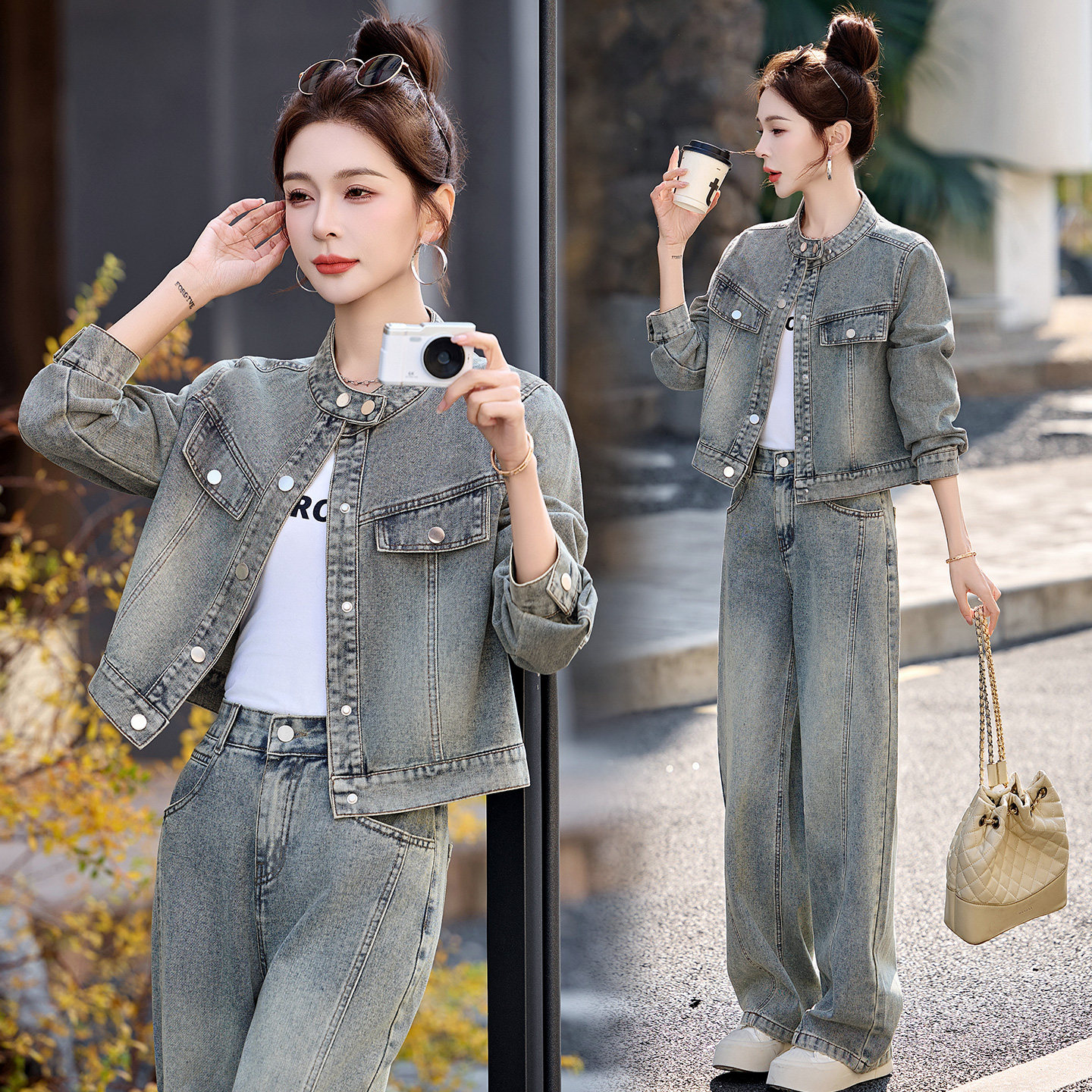 高级感牛仔阔腿裤套装女2026年春秋新款时尚宽松减龄短外套两件套