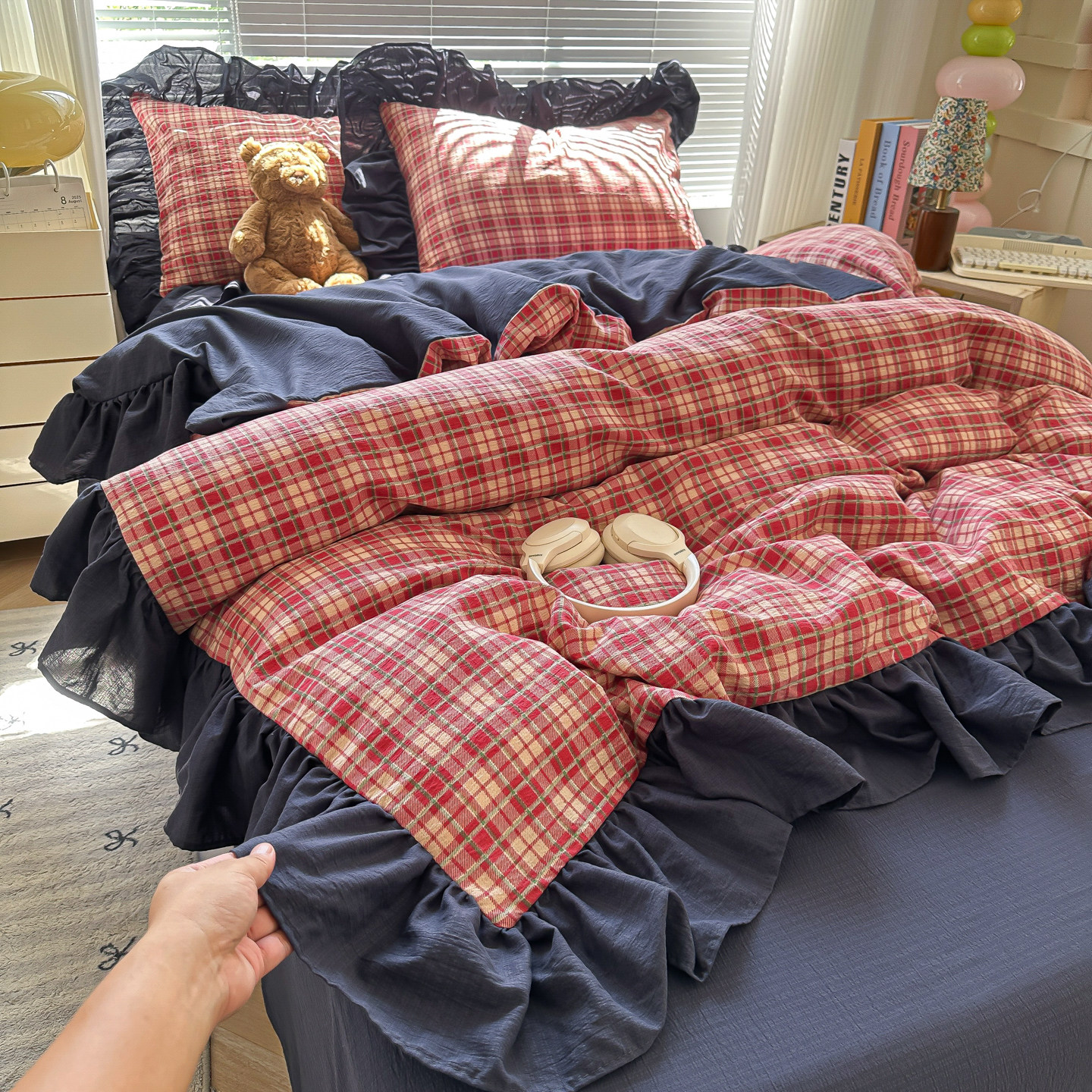 韩版花边格子被套单件150x200x230宿舍单人被单三件套水洗棉被罩