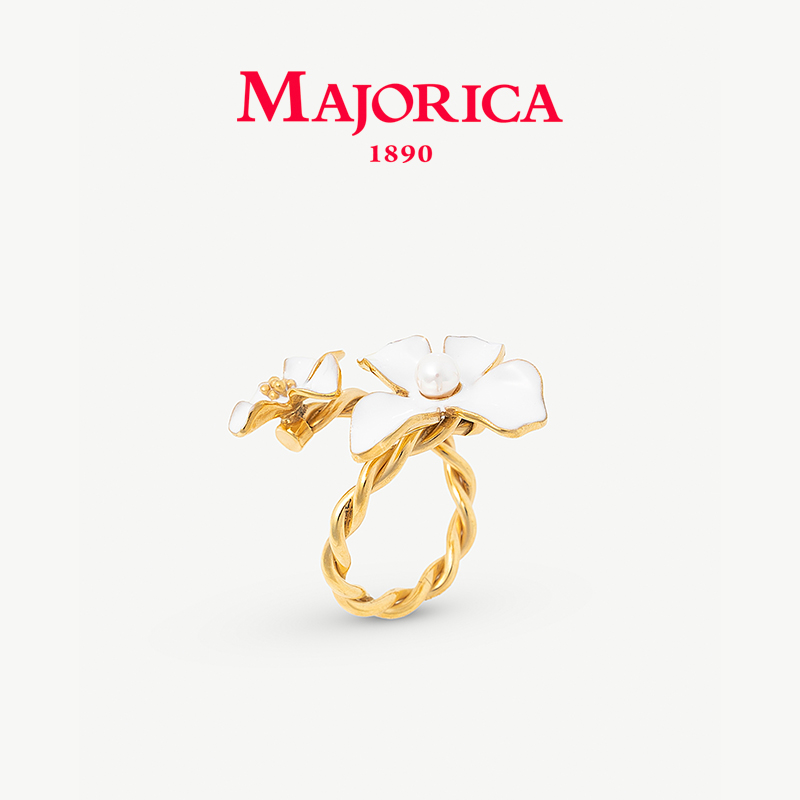 Majorica美娇丽佳手作珍珠戒指女珐琅花轻奢指环4mm手作珍珠