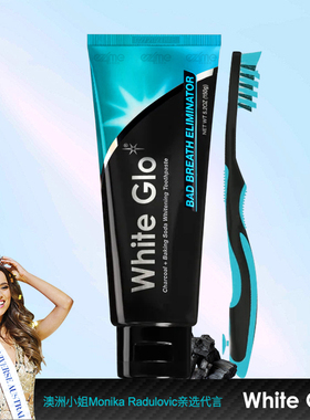 澳洲进口WhiteGlo惠宝活性炭黑色牙膏牙刷套装亮白去牙渍清新口气