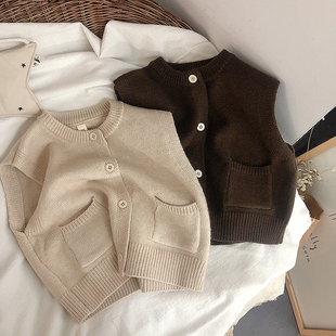 儿童森系简约口袋马甲男童女童秋冬开衫 小童宝宝春秋坎肩软糯马夹