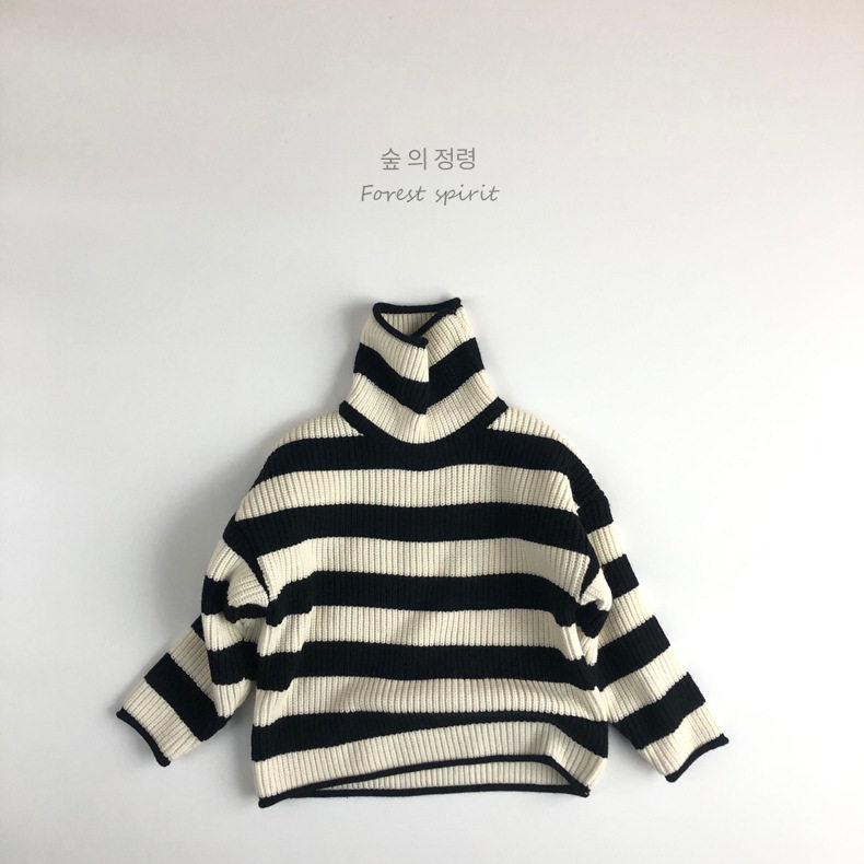 儿童秋冬高领韩版毛衣男童女童毛线套头衫宝宝黑白条纹针织长袖潮