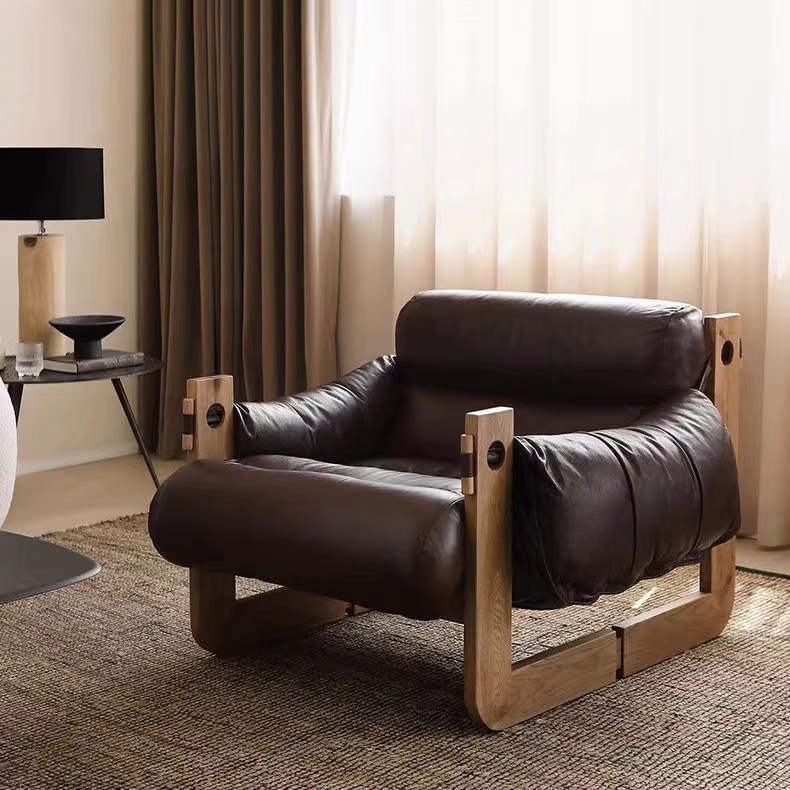 北欧单人沙发椅中古风实木复古设计师款家用休闲卧室真皮泽西岛椅 住宅家具 其它椅子 原图主图