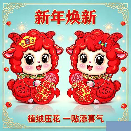 羊年门贴立体植绒卡通福字