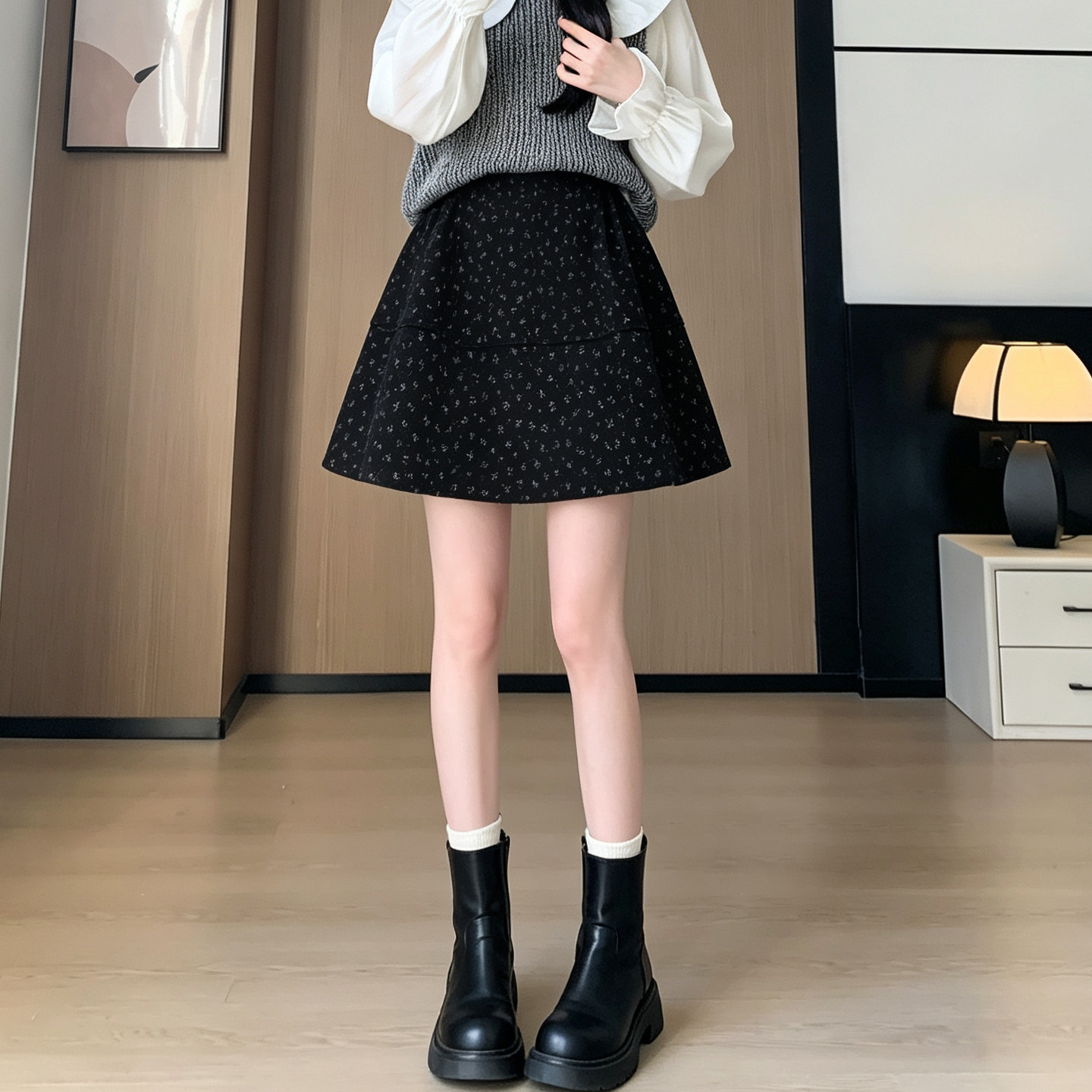 秋冬减龄印花毛衣花苞短裙A字可爱韩版保暖毛呢半身裙女