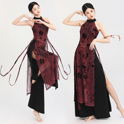 新款中国风旗袍飘逸舞蹈服古典舞练功服原创演出服女爵士舞蹈旗袍