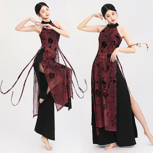 新款中国风旗袍飘逸舞蹈服古典舞练功服原创演出服女爵士舞蹈旗袍