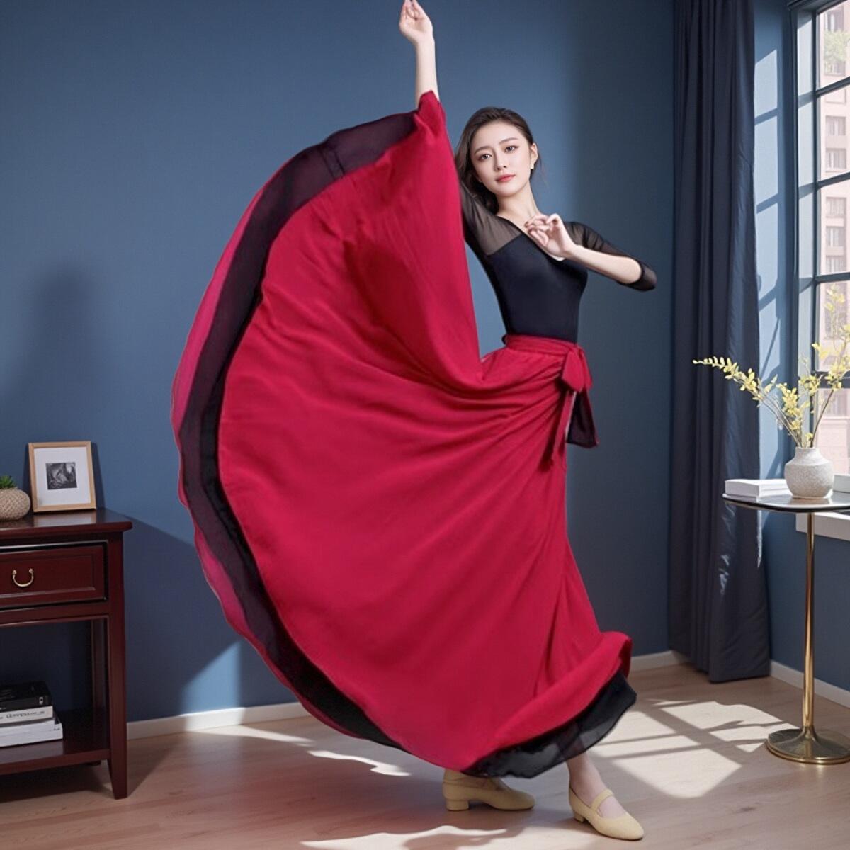 雪纺大摆裙跳舞裙双层中国风