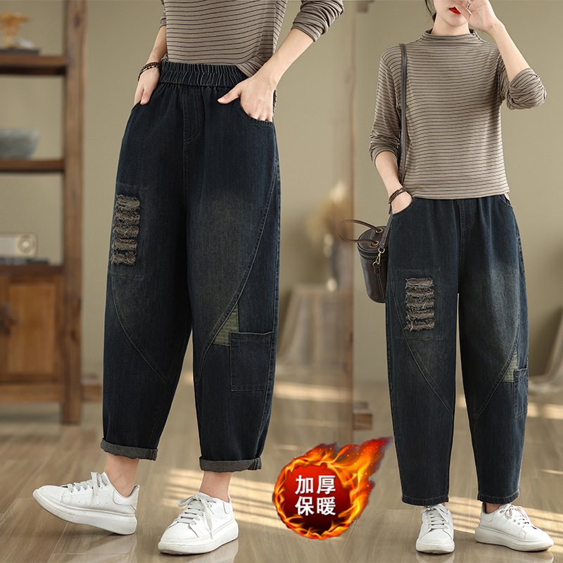 秋冬新款文艺休闲破洞加绒牛仔裤
