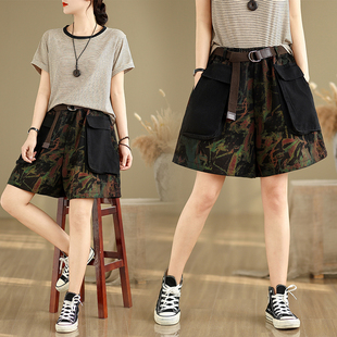 夏季文艺休闲大口袋牛仔短裤女松紧腰皮带大码宽松显瘦阔腿五分裤