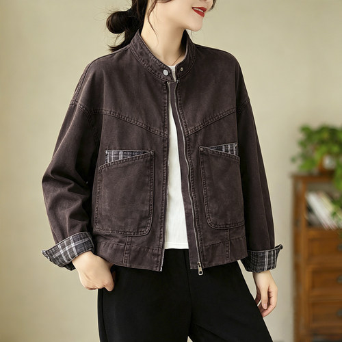 秋季新款高级感复古立领牛仔外套