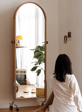 中古落地全身镜子创意家用杂志书报架复古可移动旋转实木试穿衣镜