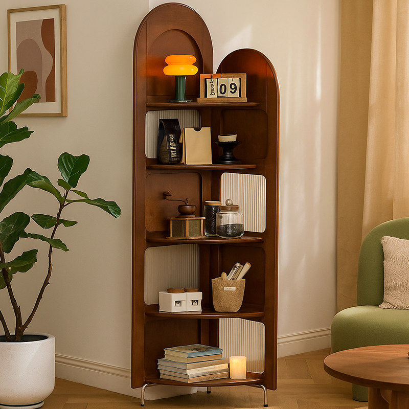 法式中古风玻璃实木客厅沙发墙转角书柜复古拐角置物收纳落地架子