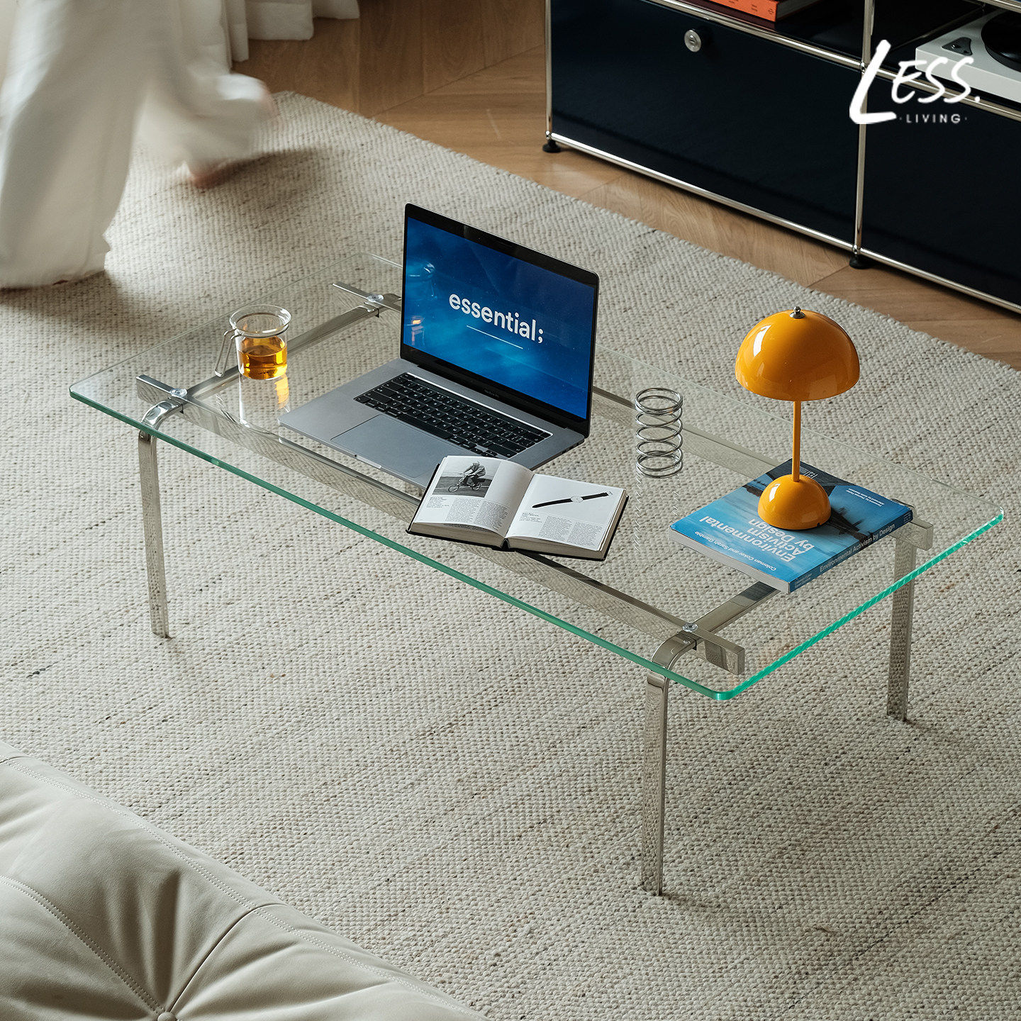 包豪斯玻璃小茶几中古风透明方桌矮桌子中古客厅极简不锈钢边几